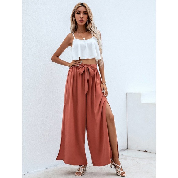 2 piece set: Cami crop Top & Belted Split thigh wide leg Pants hot pink - Picture 6 of 11